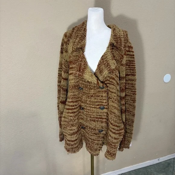 Free People Brown Double Breasted Cardigan Sweater Coat Sz M Boho Grunge Western - Picture 2 of 13
